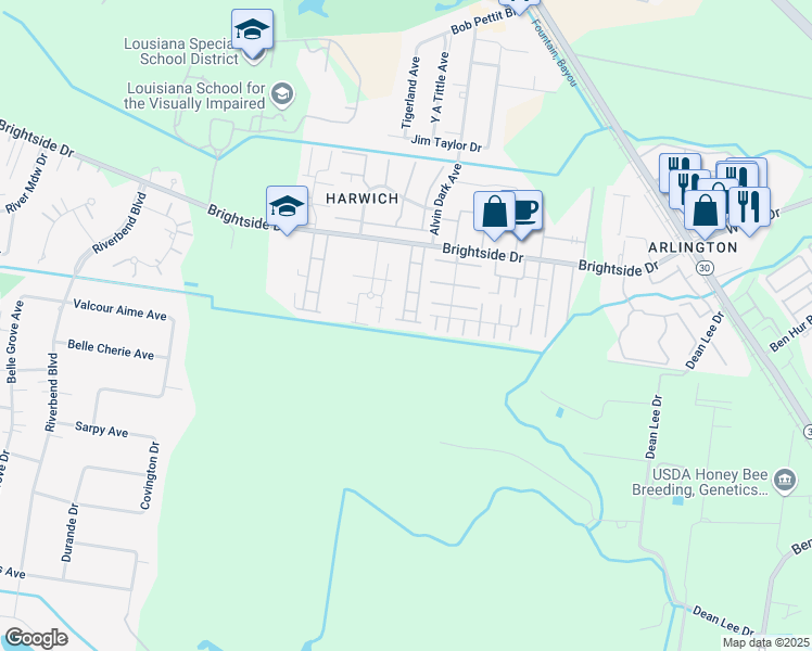 map of restaurants, bars, coffee shops, grocery stores, and more near 2181 Plantation Lane in Baton Rouge