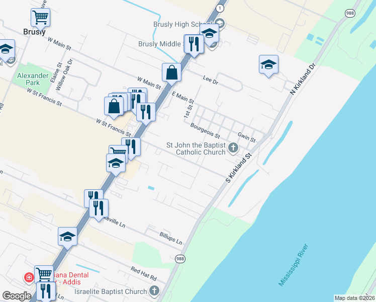 map of restaurants, bars, coffee shops, grocery stores, and more near 419 East Saint Francis Street in Brusly