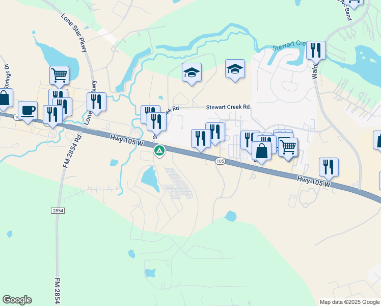 map of restaurants, bars, coffee shops, grocery stores, and more near 19842 Texas 105 in Montgomery
