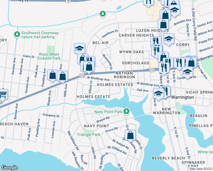 map of restaurants, bars, coffee shops, grocery stores, and more near 5 Manor Drive in Pensacola