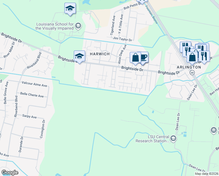 map of restaurants, bars, coffee shops, grocery stores, and more near 2181 Plantation Lane in Baton Rouge