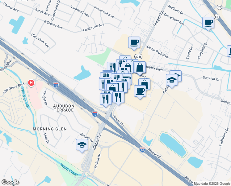 map of restaurants, bars, coffee shops, grocery stores, and more near 7004 Siegen Lane in Baton Rouge