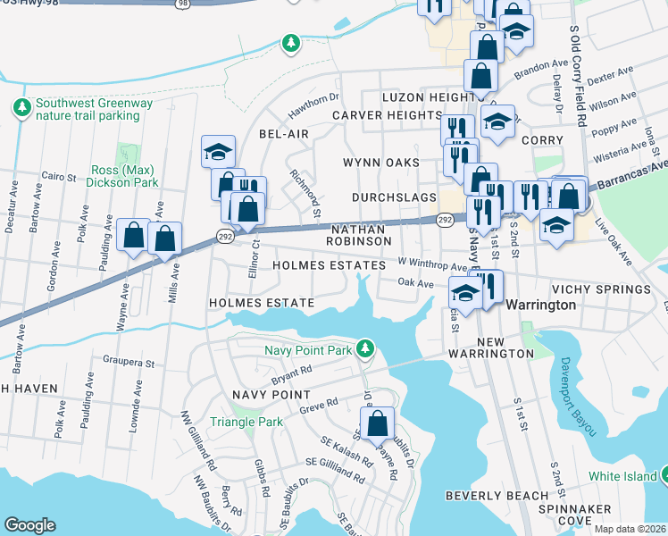 map of restaurants, bars, coffee shops, grocery stores, and more near 44 Manor Drive in Pensacola