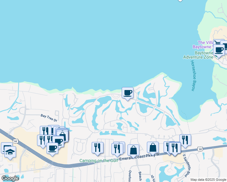 map of restaurants, bars, coffee shops, grocery stores, and more near 160 Sandestin Boulevard West in Miramar Beach