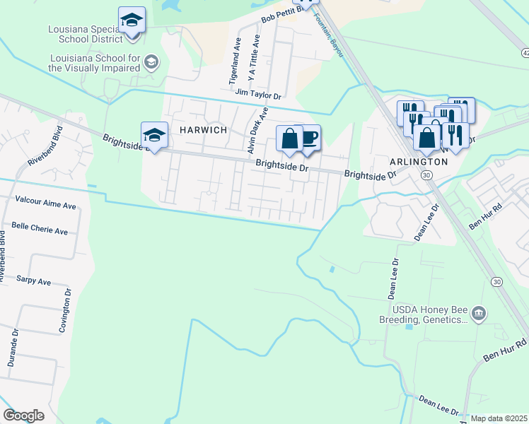 map of restaurants, bars, coffee shops, grocery stores, and more near 1943 South Brightside View Drive in Baton Rouge