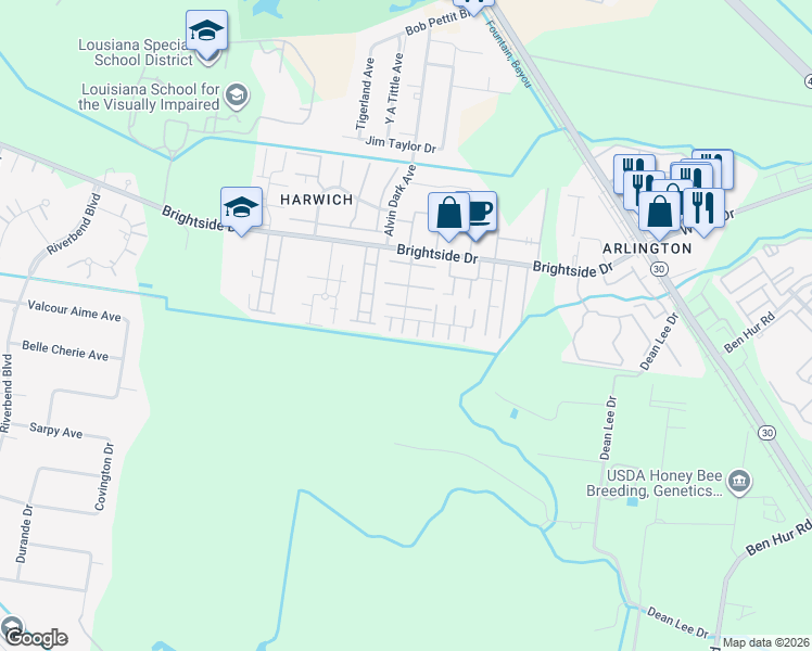 map of restaurants, bars, coffee shops, grocery stores, and more near 2041 South Brightside View Drive in Baton Rouge