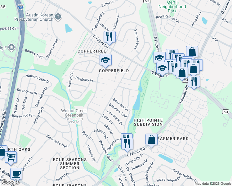 map of restaurants, bars, coffee shops, grocery stores, and more near 12106 Shropshire Boulevard in Austin