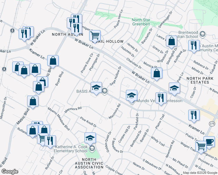 map of restaurants, bars, coffee shops, grocery stores, and more near 11000 Sage Hollow Drive in Austin