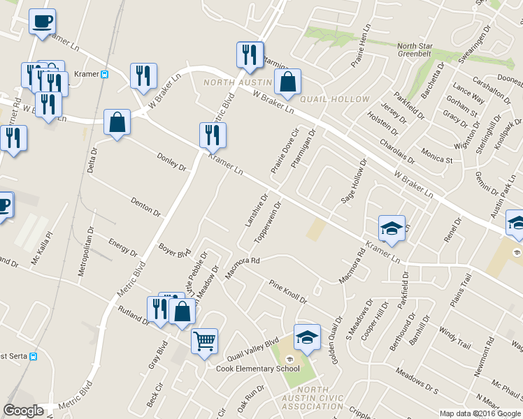 map of restaurants, bars, coffee shops, grocery stores, and more near 10801 Lanshire Drive in Austin