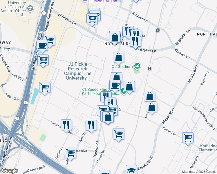 map of restaurants, bars, coffee shops, grocery stores, and more near 10100 Burnet Road in Austin