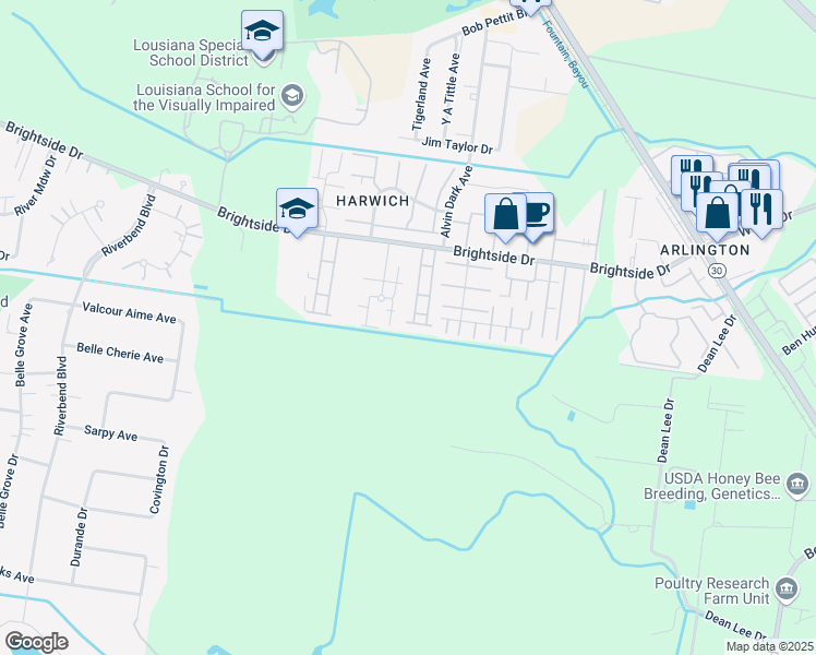 map of restaurants, bars, coffee shops, grocery stores, and more near 2181 Plantation Lane in Baton Rouge