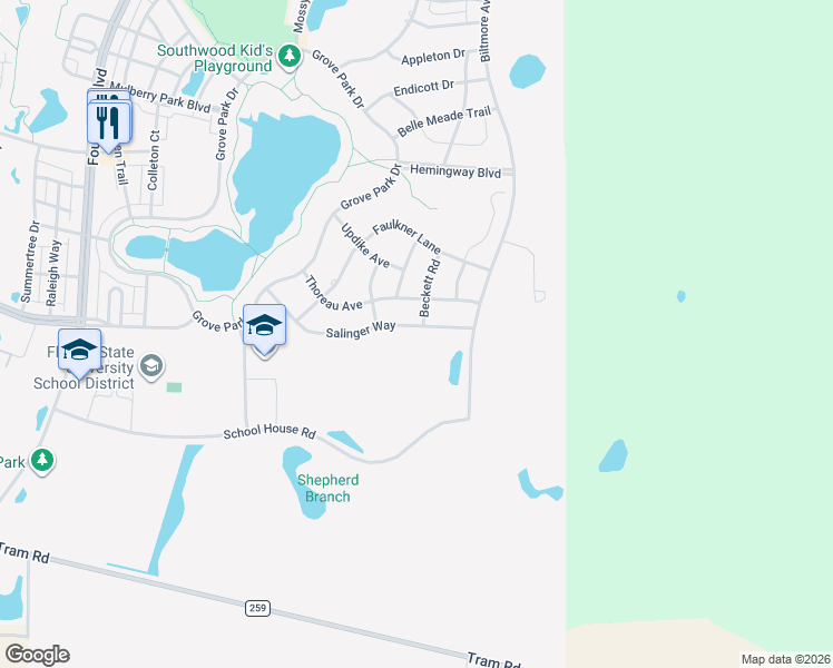 map of restaurants, bars, coffee shops, grocery stores, and more near 3263 Salinger Way in Tallahassee