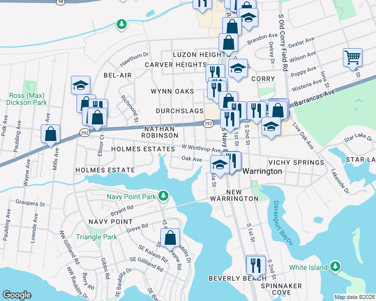 map of restaurants, bars, coffee shops, grocery stores, and more near 216 Oak Avenue in Pensacola