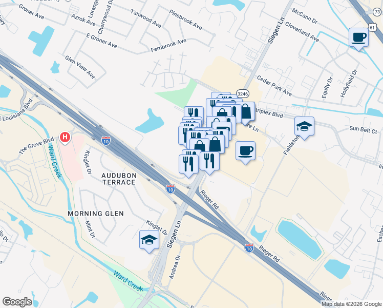 map of restaurants, bars, coffee shops, grocery stores, and more near 7004 Siegen Lane in Baton Rouge