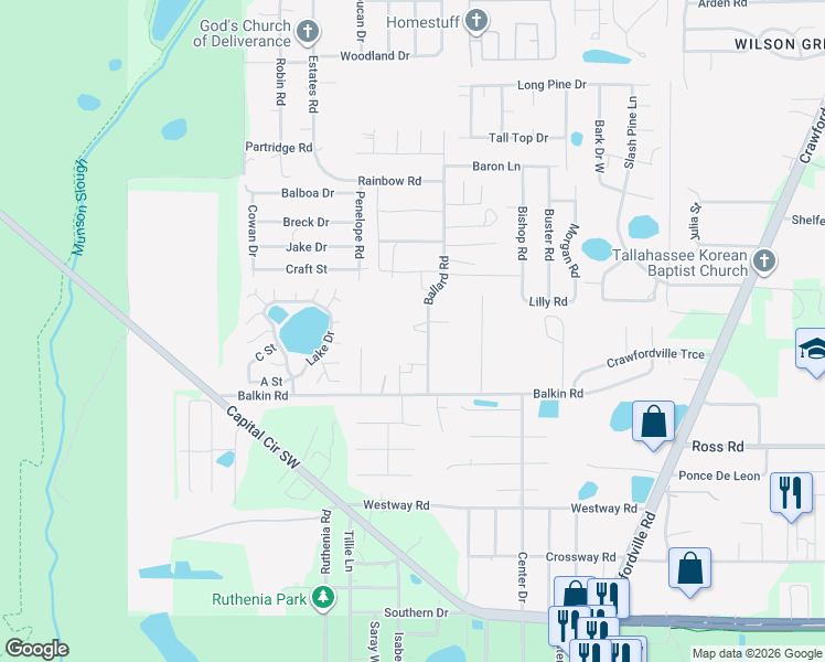 map of restaurants, bars, coffee shops, grocery stores, and more near 4136 Ballard Road in Tallahassee