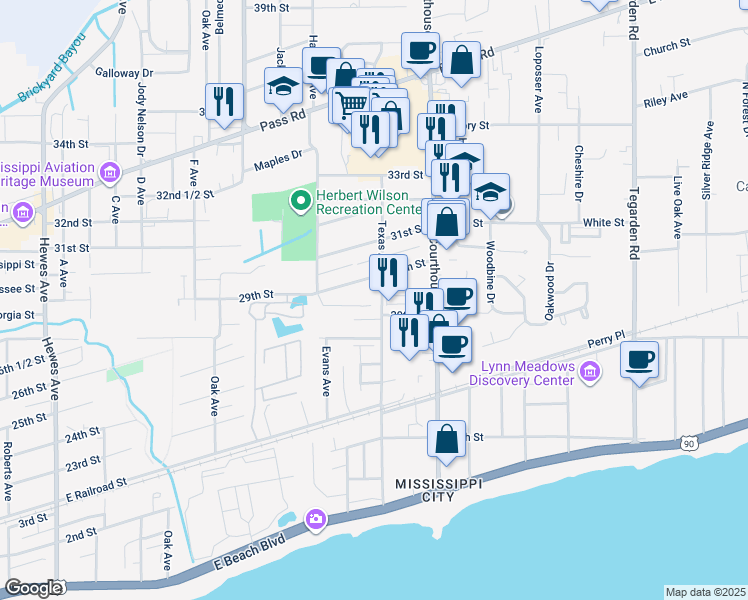 map of restaurants, bars, coffee shops, grocery stores, and more near 39-41 30th Street in Gulfport