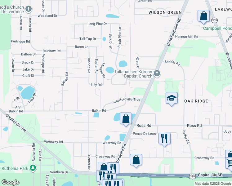 map of restaurants, bars, coffee shops, grocery stores, and more near 4422 Anastasia Court in Tallahassee