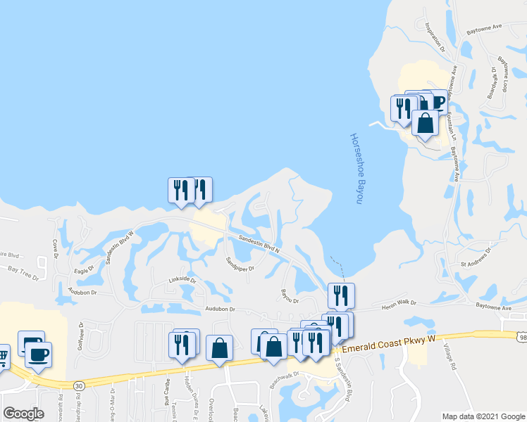 map of restaurants, bars, coffee shops, grocery stores, and more near 869 Grand Harbour West in Miramar Beach
