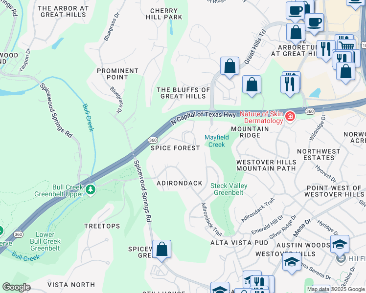 map of restaurants, bars, coffee shops, grocery stores, and more near 8541 North Capital of Texas Highway in Austin