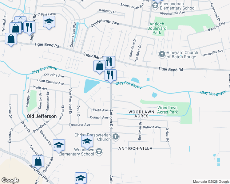 map of restaurants, bars, coffee shops, grocery stores, and more near 7233 Antioch Road in Baton Rouge