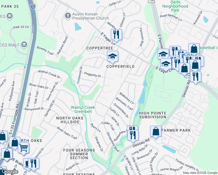 map of restaurants, bars, coffee shops, grocery stores, and more near 1109 Gatehouse Drive in Austin
