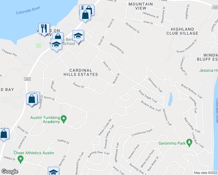 map of restaurants, bars, coffee shops, grocery stores, and more near 15005 Lariat Trail in Austin