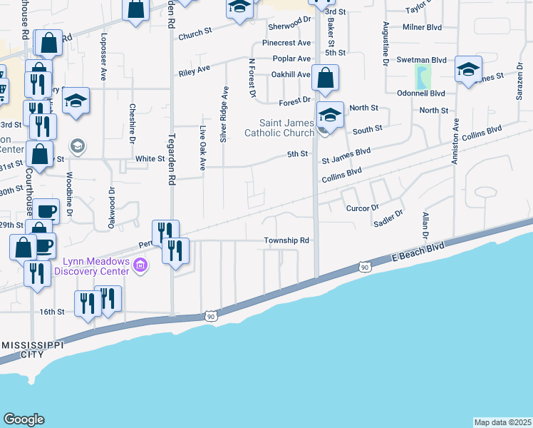 map of restaurants, bars, coffee shops, grocery stores, and more near 1225 Century Oaks Drive in Gulfport