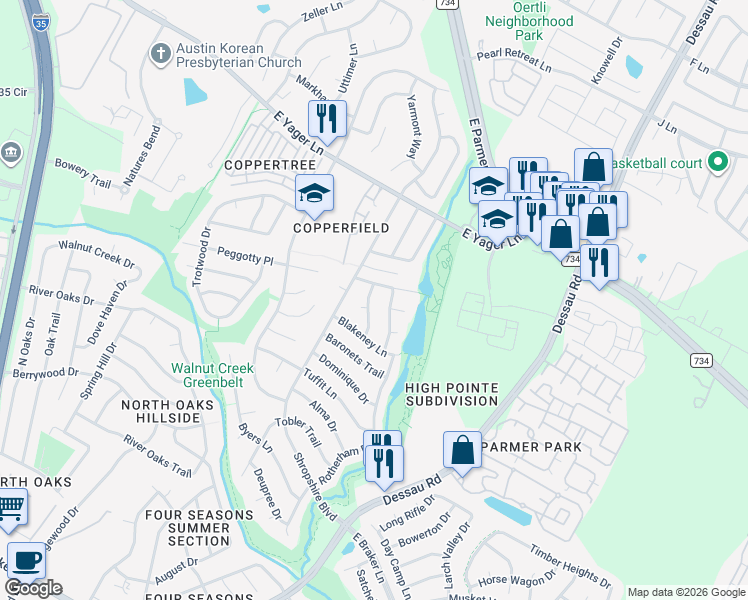 map of restaurants, bars, coffee shops, grocery stores, and more near 12119 Sunderland Drive in Austin