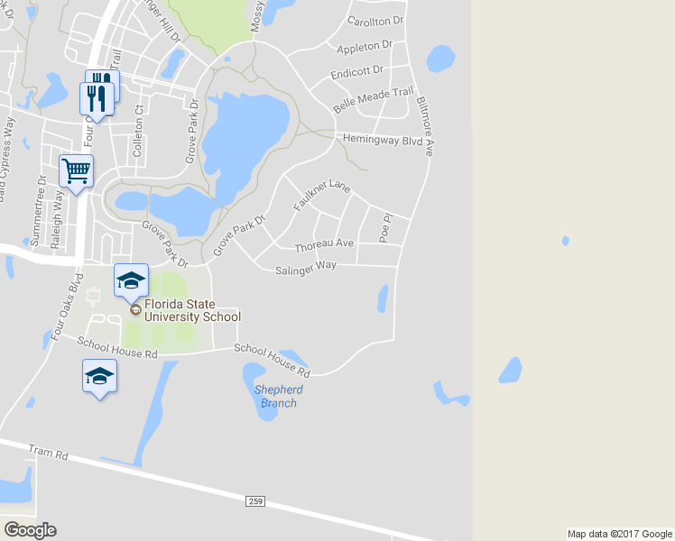 map of restaurants, bars, coffee shops, grocery stores, and more near 3263 Salinger Way in Tallahassee
