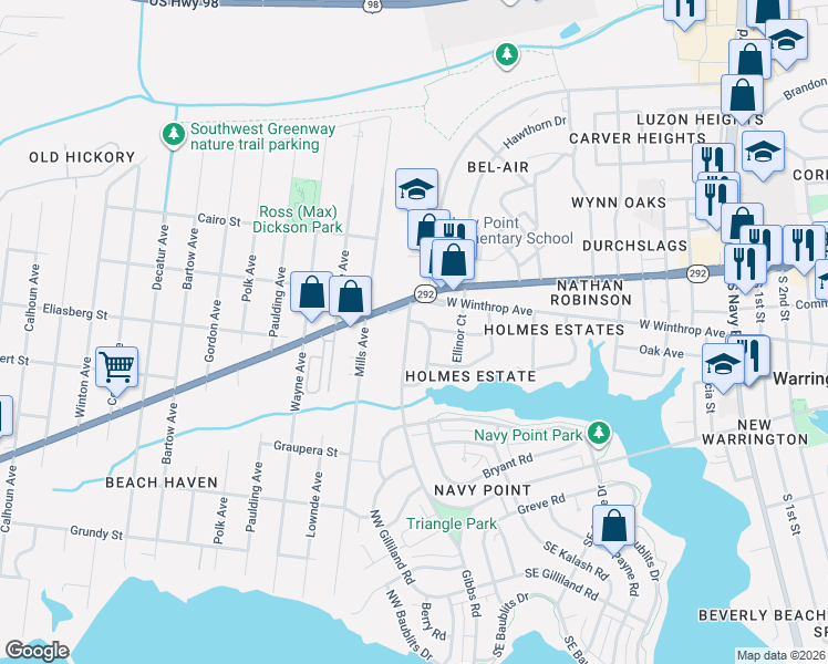 map of restaurants, bars, coffee shops, grocery stores, and more near 621 West Sunset Avenue in Pensacola