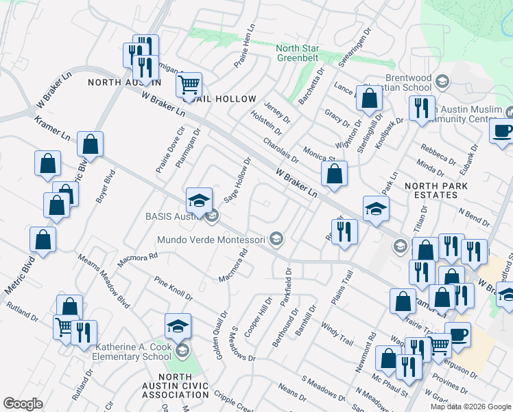 map of restaurants, bars, coffee shops, grocery stores, and more near 1507 Boffi Circle in Austin