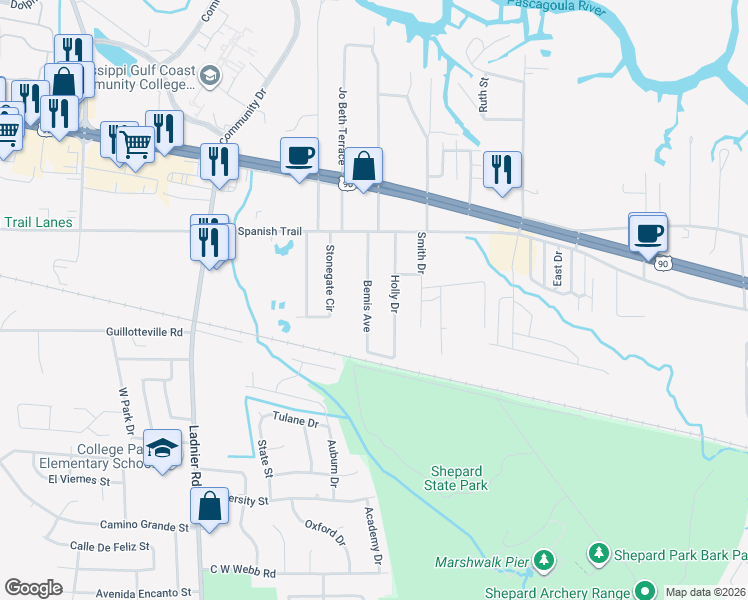map of restaurants, bars, coffee shops, grocery stores, and more near 3016 Bemis Ave in Gautier