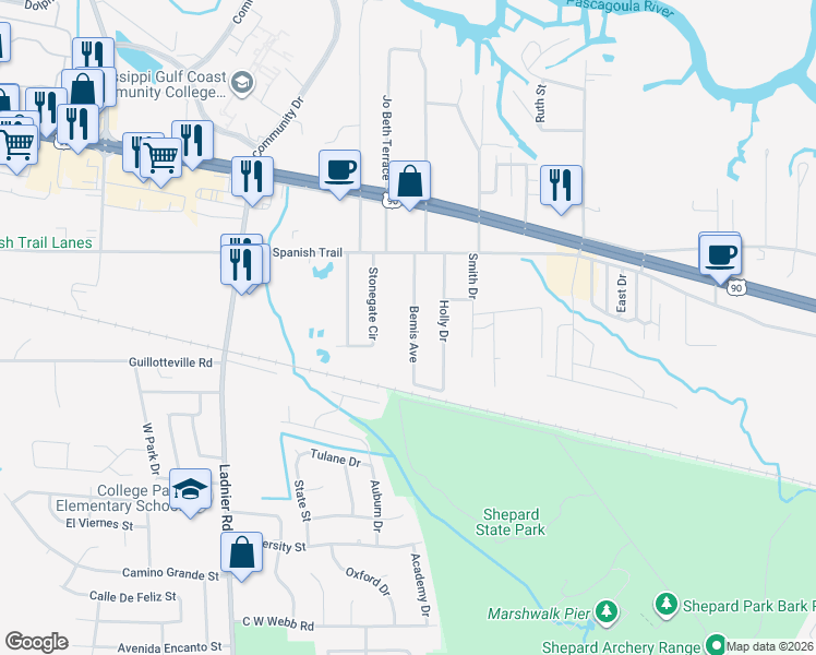 map of restaurants, bars, coffee shops, grocery stores, and more near 3016 Bemis Avenue in Gautier
