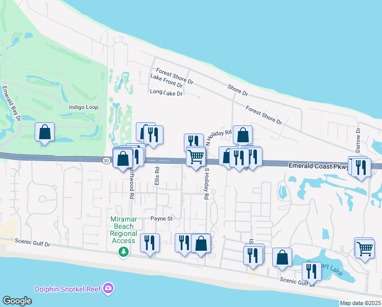 map of restaurants, bars, coffee shops, grocery stores, and more near 12590 Emerald Coast Parkway in Miramar Beach