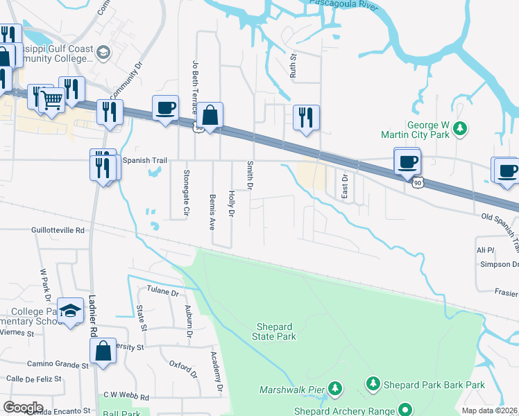 map of restaurants, bars, coffee shops, grocery stores, and more near 3021 Ridgedale Road in Gautier