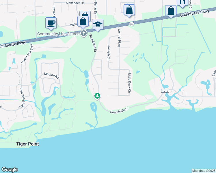 map of restaurants, bars, coffee shops, grocery stores, and more near 4314 Quiet Court in Gulf Breeze