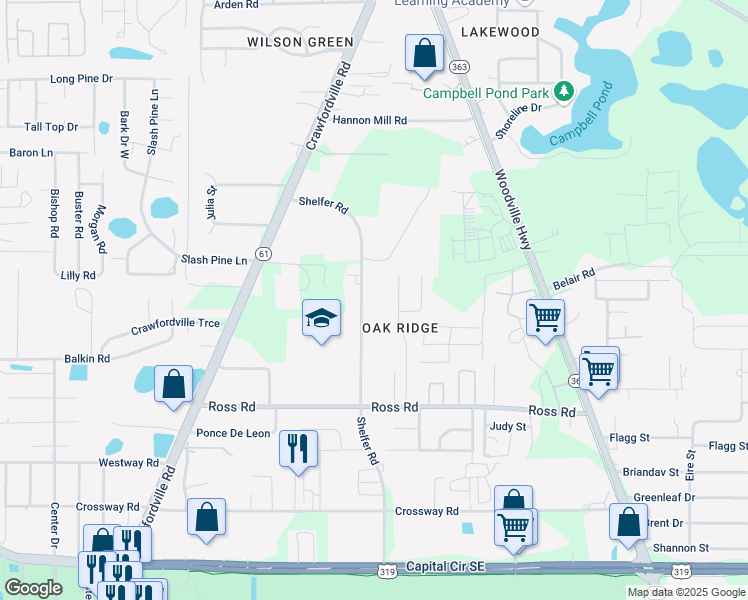map of restaurants, bars, coffee shops, grocery stores, and more near 4419-4551 Shelfer Road in Tallahassee