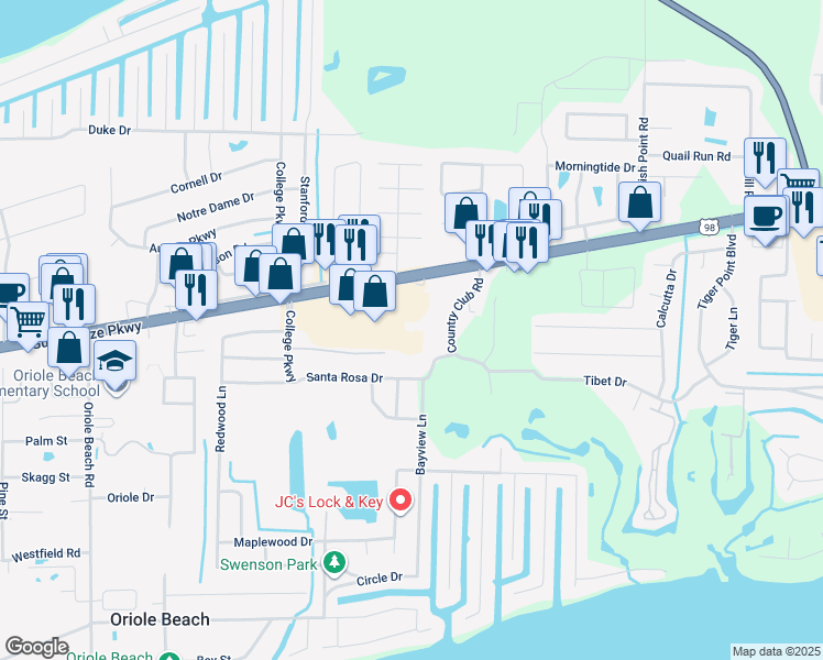 map of restaurants, bars, coffee shops, grocery stores, and more near 3387 Gulf Breeze Parkway in Gulf Breeze