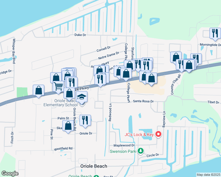 map of restaurants, bars, coffee shops, grocery stores, and more near 1319 Redwood Lane in Gulf Breeze