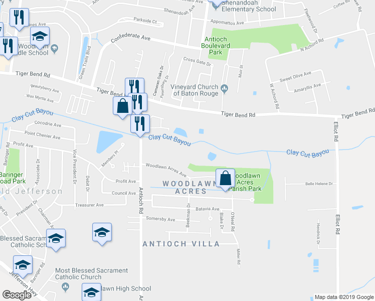 map of restaurants, bars, coffee shops, grocery stores, and more near 16217 Woodlawn Acres Avenue in Baton Rouge