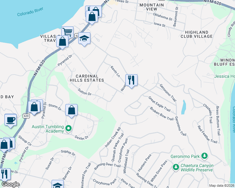 map of restaurants, bars, coffee shops, grocery stores, and more near 15005 Lariat Trail in Austin