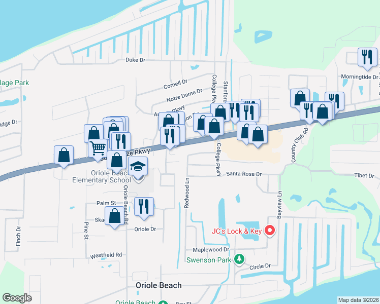map of restaurants, bars, coffee shops, grocery stores, and more near 1319 Redwood Lane in Gulf Breeze