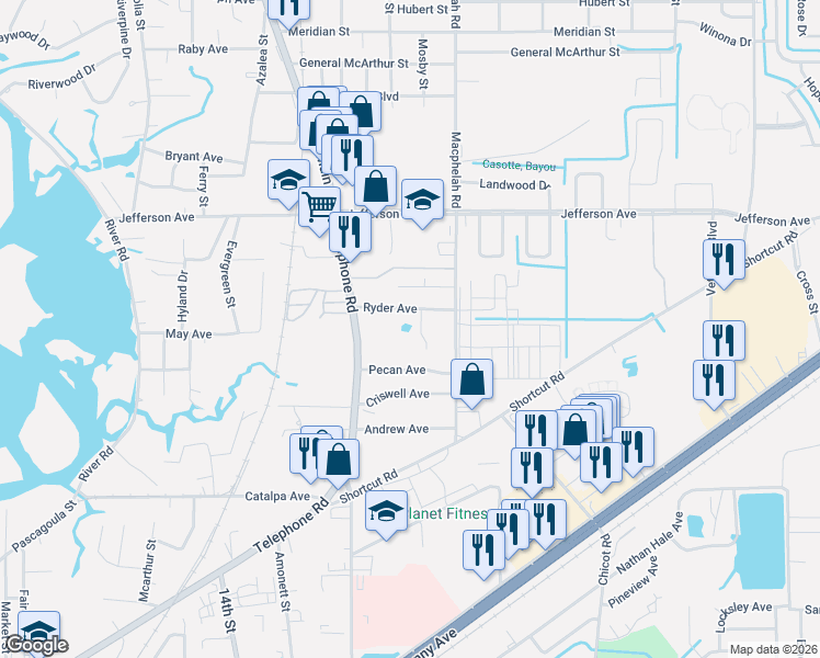 map of restaurants, bars, coffee shops, grocery stores, and more near 5319 Gatlin St in Pascagoula