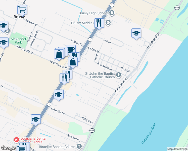 map of restaurants, bars, coffee shops, grocery stores, and more near 419 East Saint Francis Street in Brusly