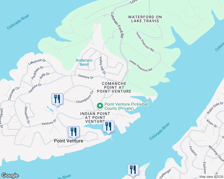 map of restaurants, bars, coffee shops, grocery stores, and more near 106 Venture Drive in Point Venture