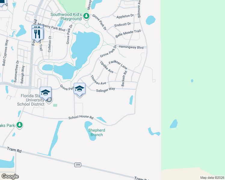map of restaurants, bars, coffee shops, grocery stores, and more near 3255 Salinger Way in Tallahassee