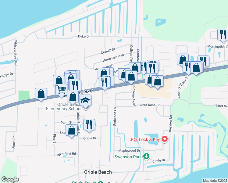 map of restaurants, bars, coffee shops, grocery stores, and more near 1319 Redwood Lane in Gulf Breeze