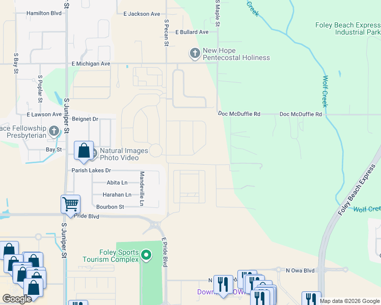 map of restaurants, bars, coffee shops, grocery stores, and more near 1753 Grouse Street in Foley