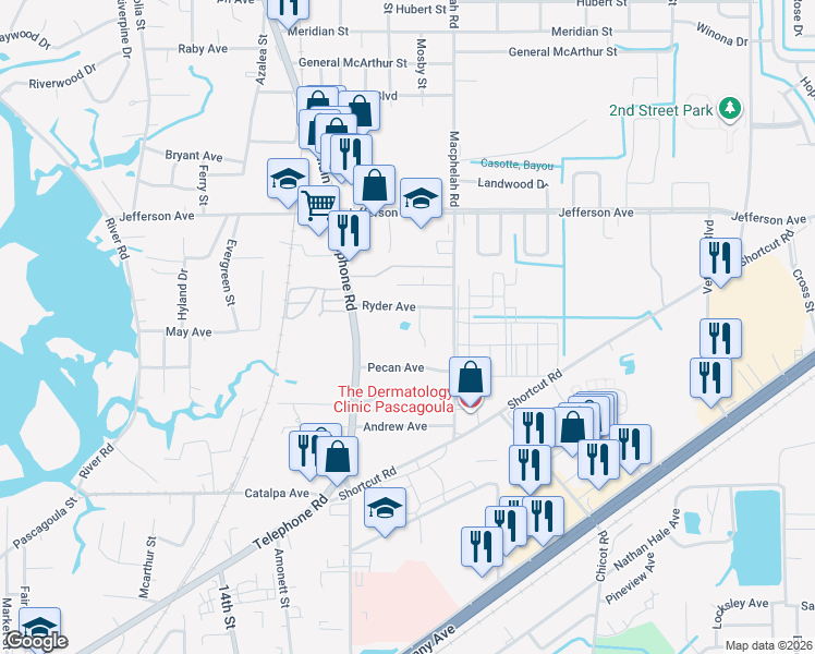 map of restaurants, bars, coffee shops, grocery stores, and more near 5319 Gatlin Street in Pascagoula