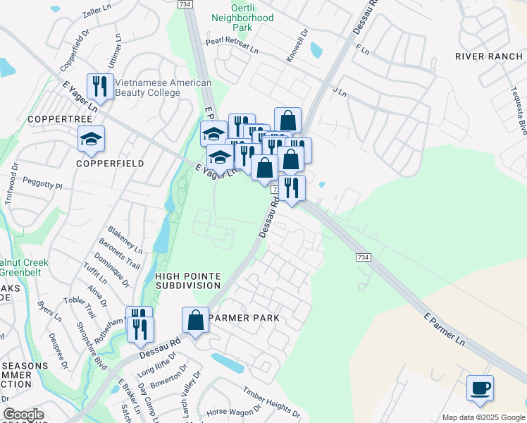 map of restaurants, bars, coffee shops, grocery stores, and more near 12224 Dessau Road in Austin